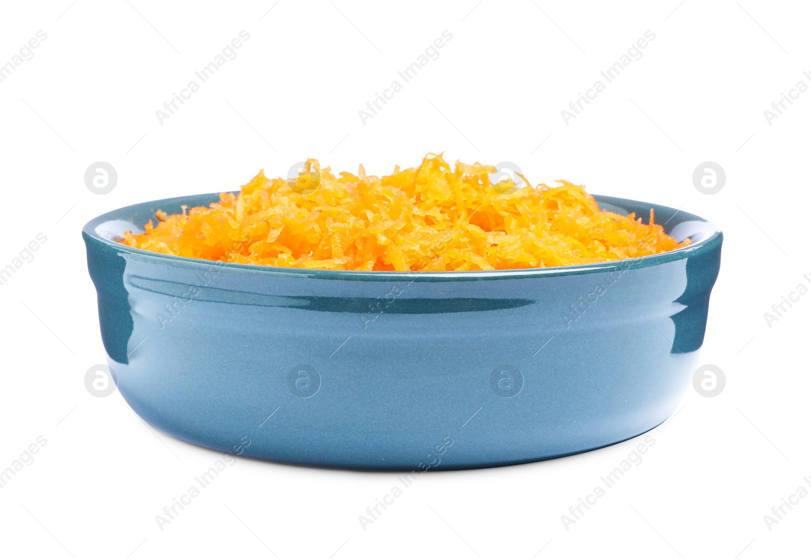 Photo of Fresh grated carrot in bowl isolated on white