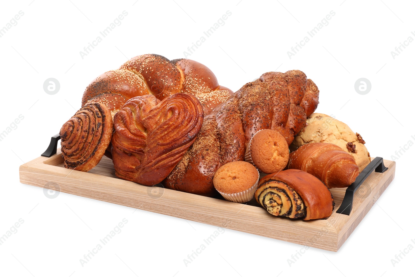 Photo of Wooden tray with different pastries isolated on white