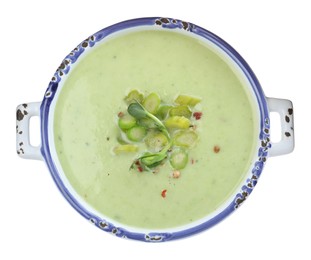 Photo of Delicious asparagus soup in bowl on white background, top view