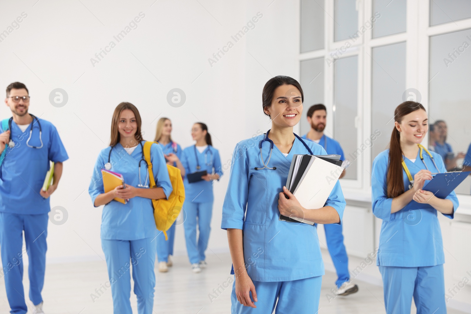 Photo of Group of medical students in college hallway