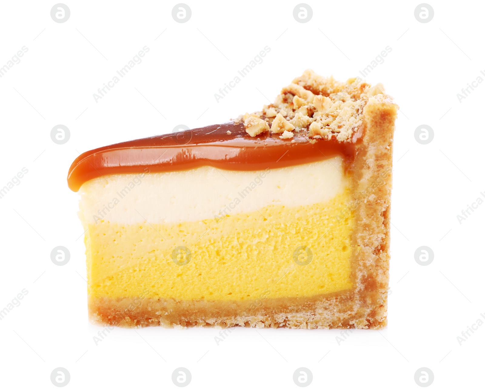 Photo of Piece of delicious cake with caramel isolated on white