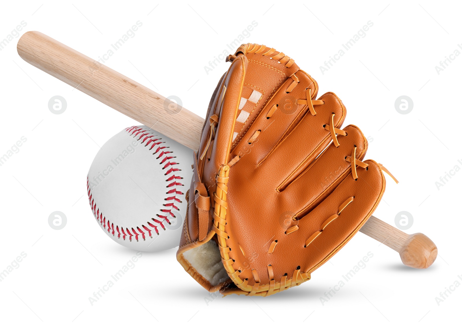 Image of Wooden baseball bat, ball and pitcher isolated on white