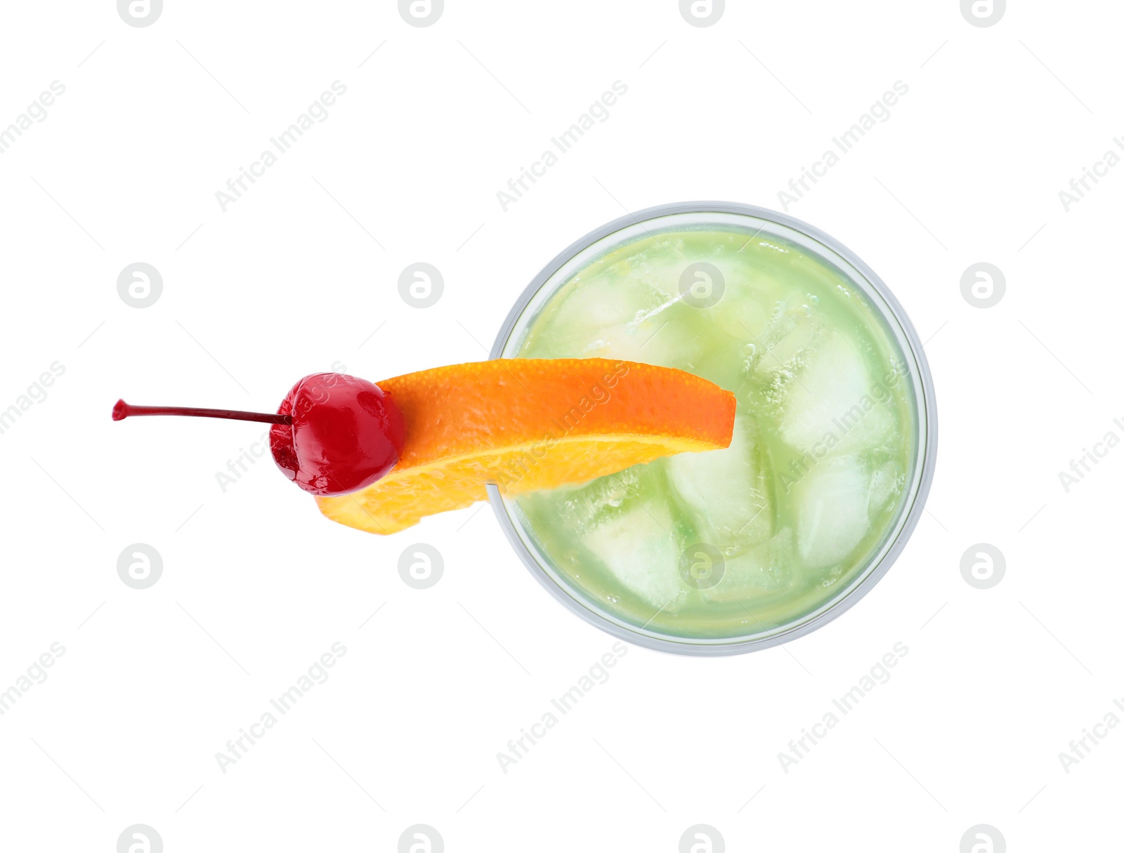 Photo of Glass of Gin Tonic cocktail on white background, top view. Traditional alcoholic drink