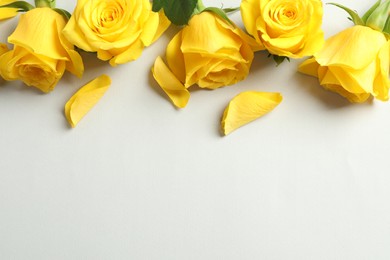 Beautiful yellow roses on light grey background, flat lay. Space for text