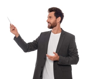 Handsome man gesturing on white background. Weather forecast reporter