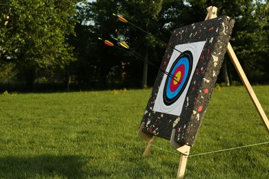 Photo of Arrows in archery target on green grass outdoors