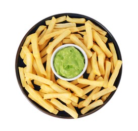 Photo of Plate with delicious french fries and avocado dip isolated on white, top view