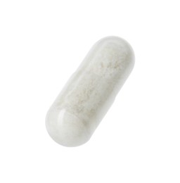 Photo of One vitamin capsule isolated on white. Health supplement