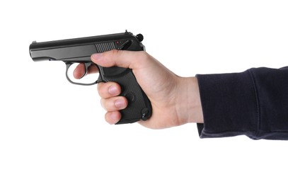 Man aiming gun on white background, closeup