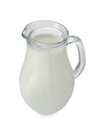 Photo of Glass jug of fresh milk isolated on white