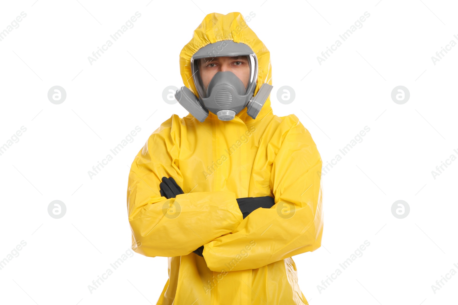 Photo of Man wearing chemical protective suit on white background. Virus research