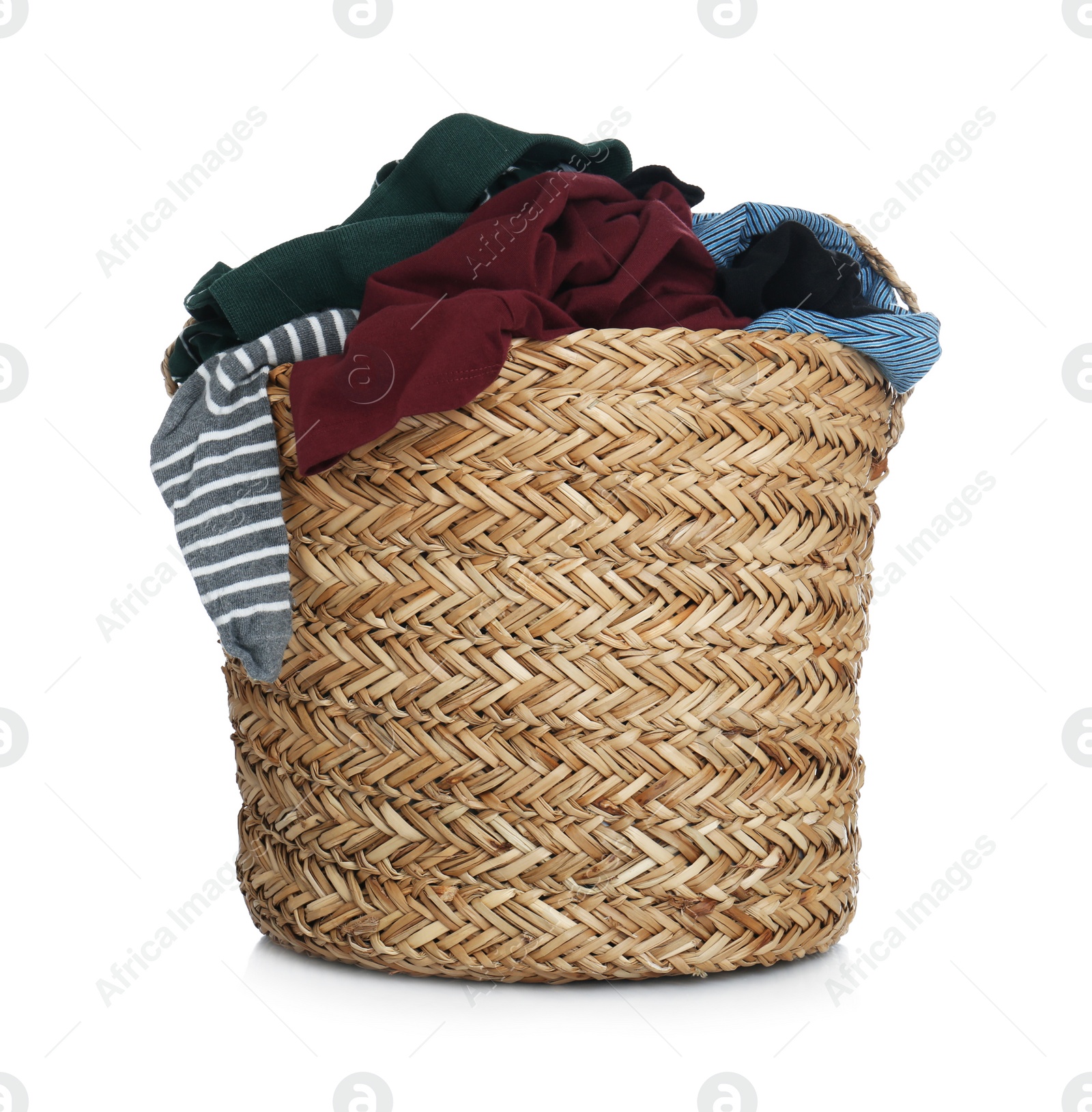 Photo of Wicker laundry basket with clothes isolated on white