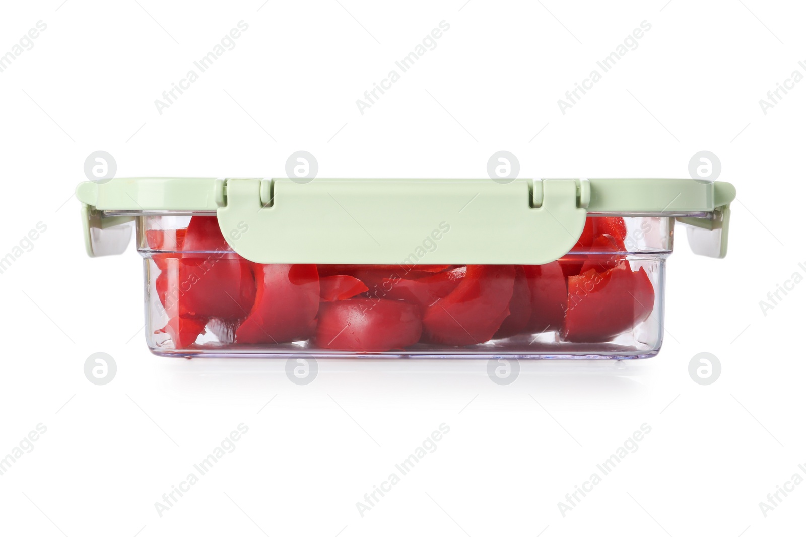 Photo of Box with cut fresh raw bell peppers on white background