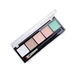 Photo of Colorful contouring palette with brush on white background, top view. Professional cosmetic product