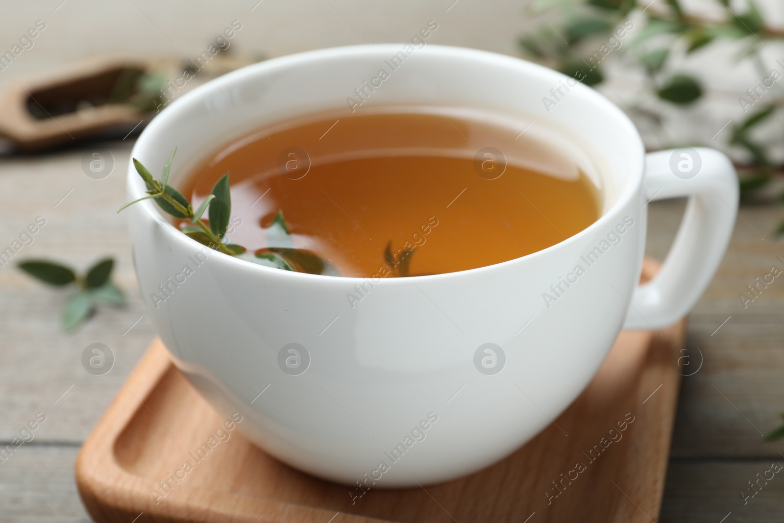 Photo of Cup of aromatic eucalyptus tea on wooden table, closeup