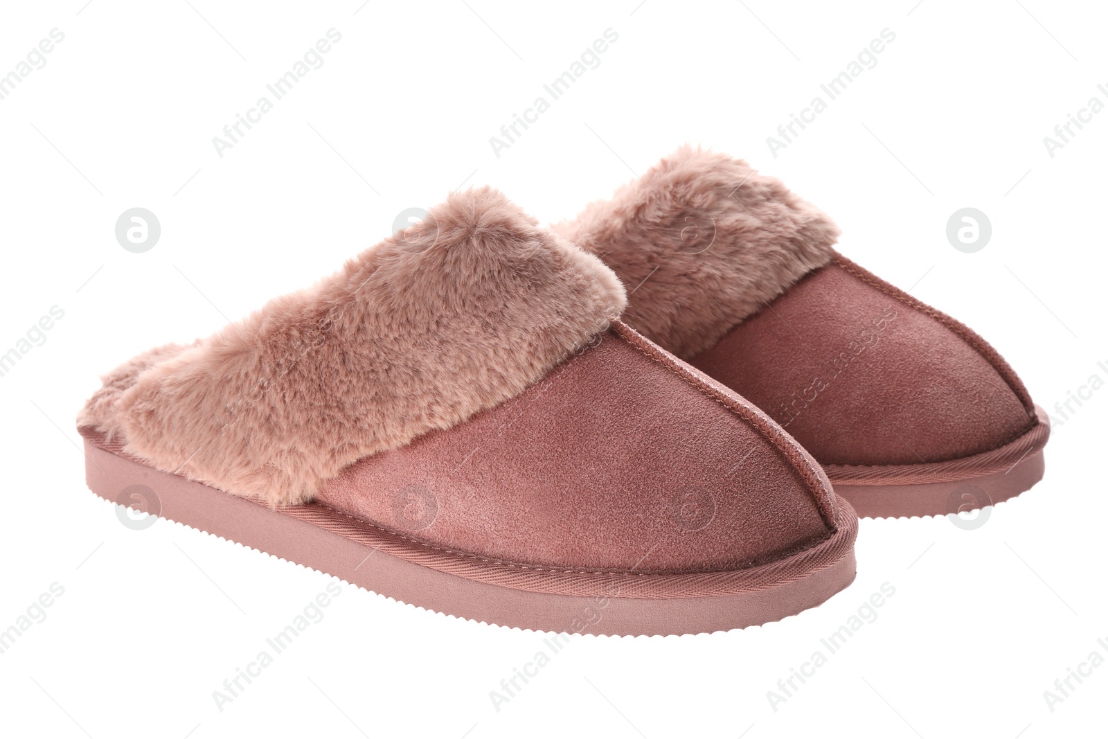 Photo of Pair of stylish soft slippers on white background