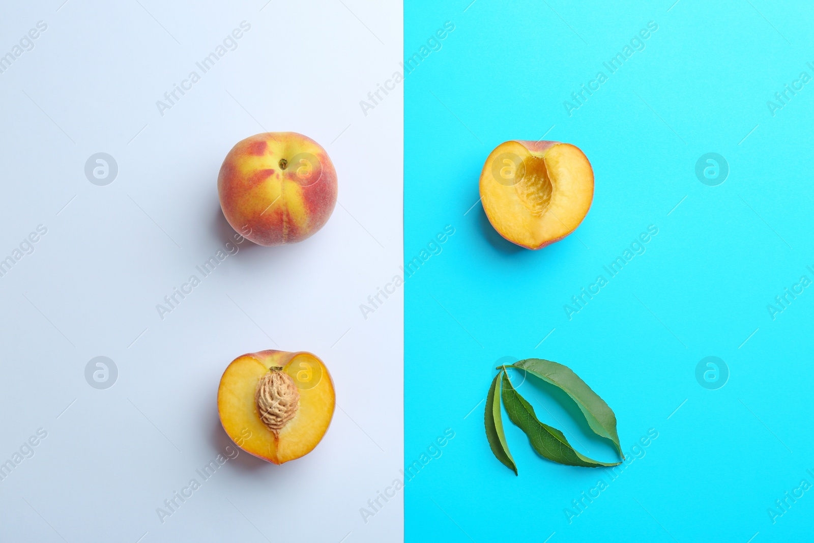 Photo of Flat lay composition with fresh peaches on color background