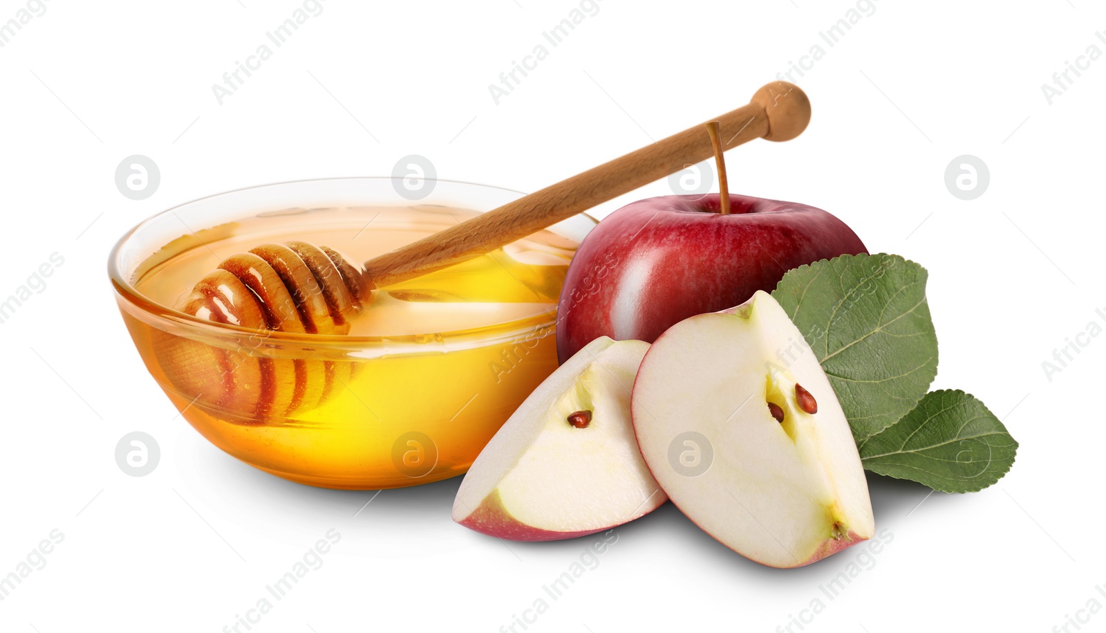 Image of Honey in bowl and apples isolated on white