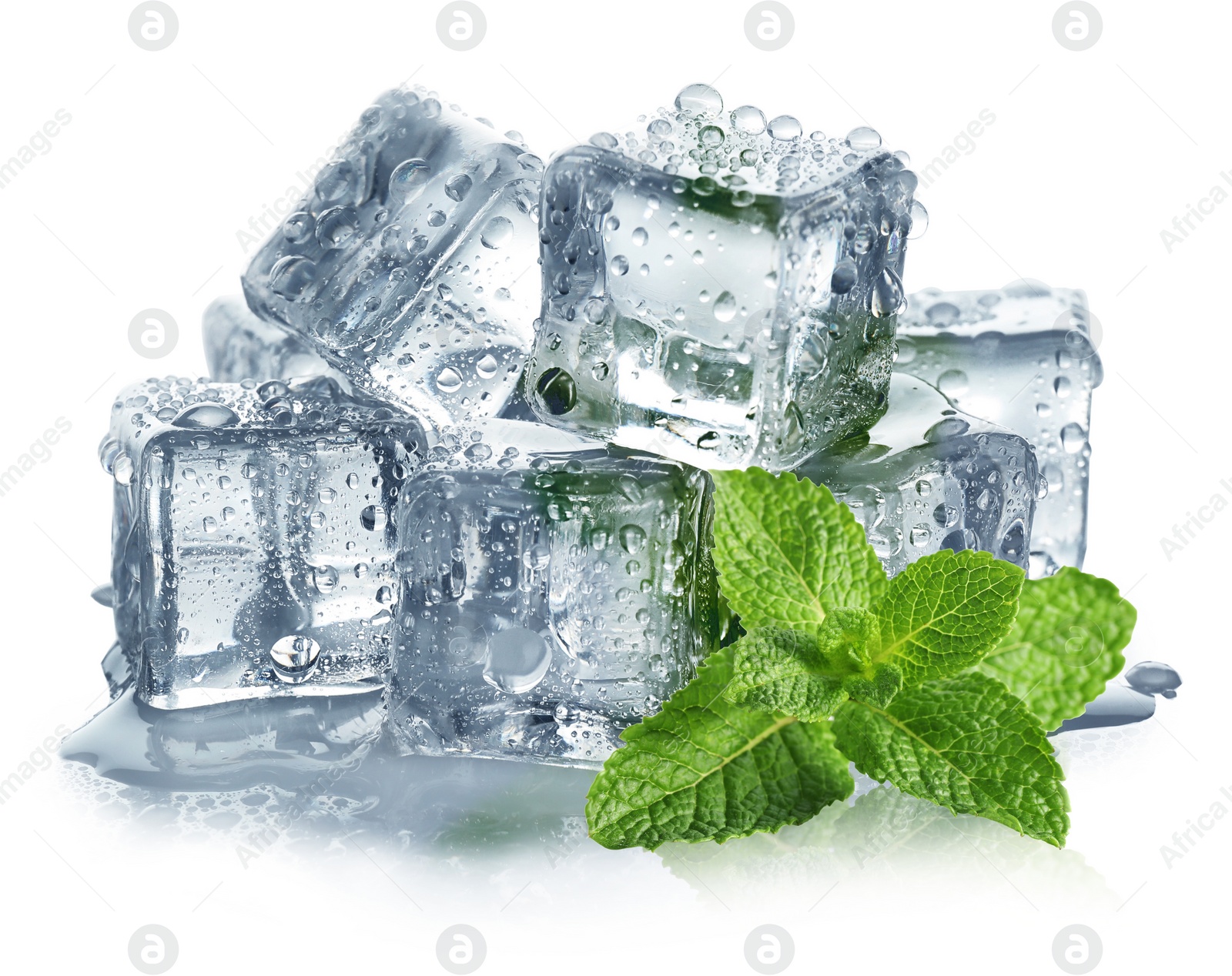 Image of Green mint and ice cubes isolated on white