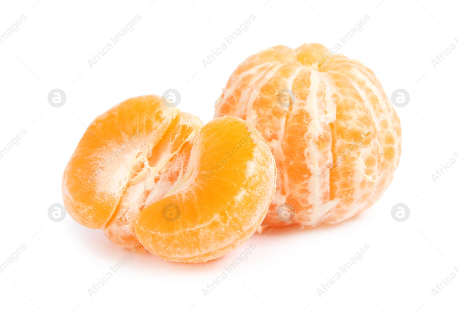 Photo of Peeled ripe tangerines on white background. Citrus fruit