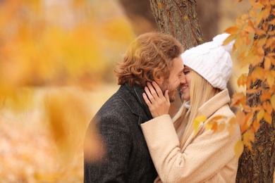 Young romantic couple in park on autumn day