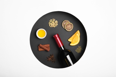 Composition with ingredients for mulled wine on white background, top view