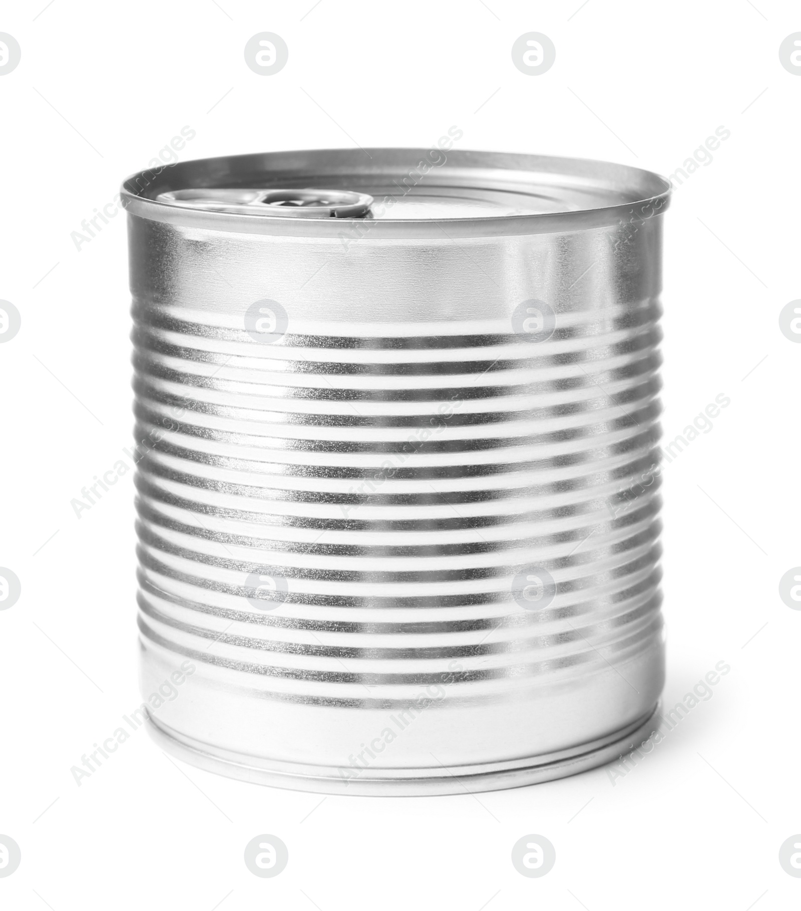 Photo of Closed tin can isolated on white, mockup for design