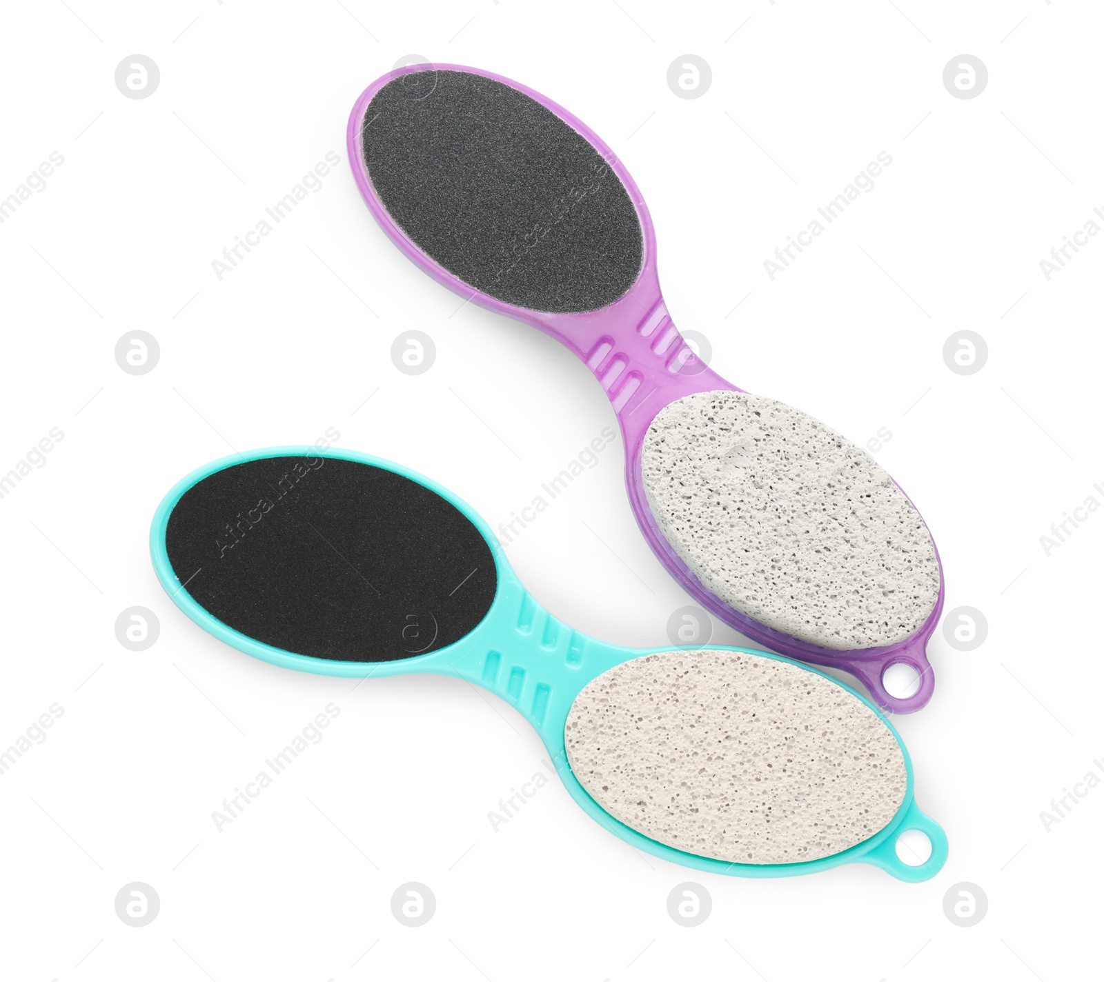 Photo of Pedicure tools with pumice stones and foot files on white background, top view