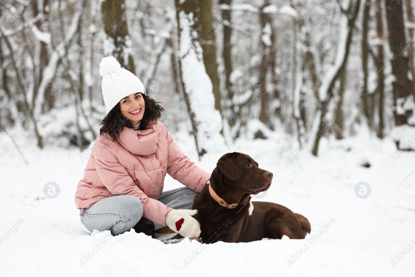 Photo of Woman with adorable Labrador Retriever dog in snowy park