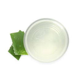 Photo of Fresh aloe drink in glass and leaf slices on white background, top view