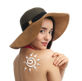 Young woman with sun protection cream on her back against white background