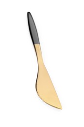 Photo of One shiny golden knife with black handle isolated on white