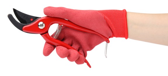 Woman in gardening glove holding secateurs on white background, closeup
