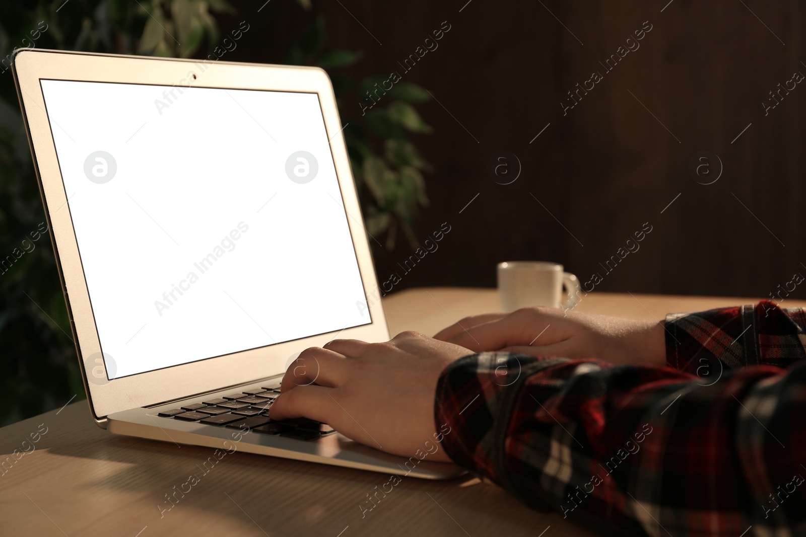 Photo of Woman using laptop at desk in office, closeup. Space for design