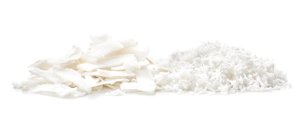 Photo of Fresh coconut flakes on white background