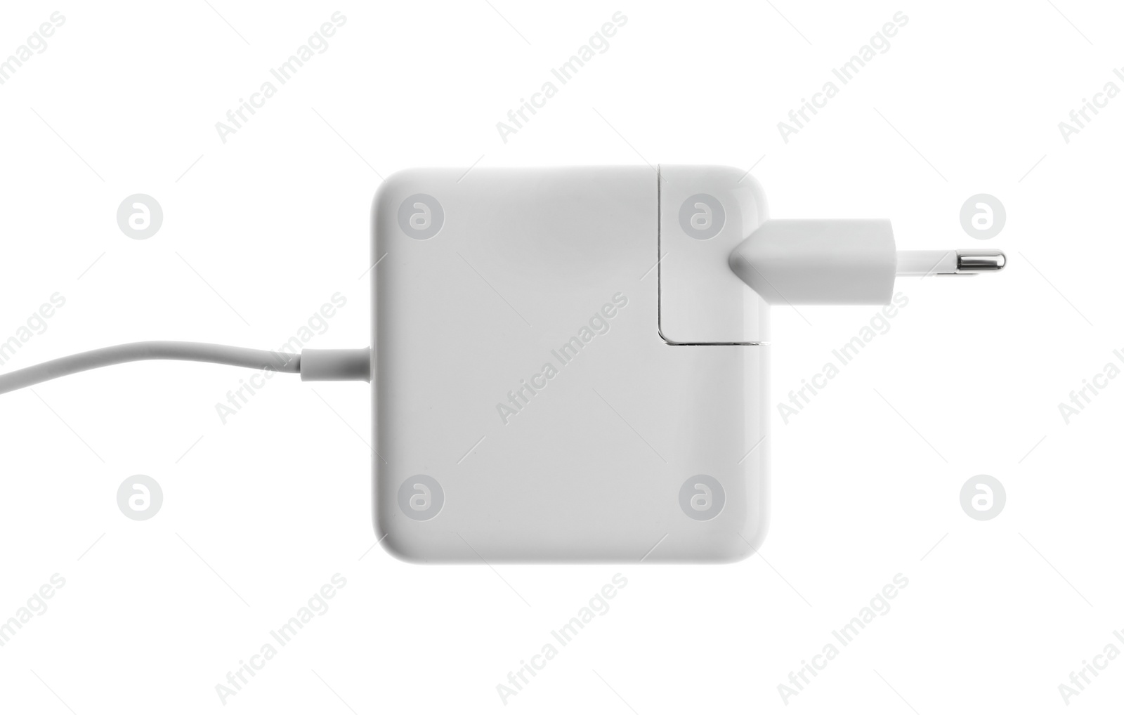 Photo of Power adapter for battery charging isolated on white, top view