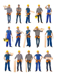 Image of Collage of handsome carpenter on white background