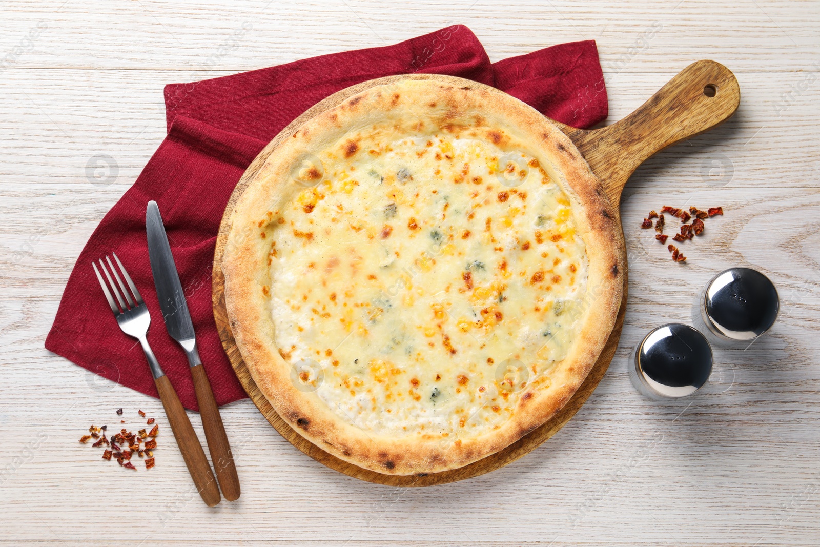 Photo of Delicious cheese pizza served on white wooden table, flat lay