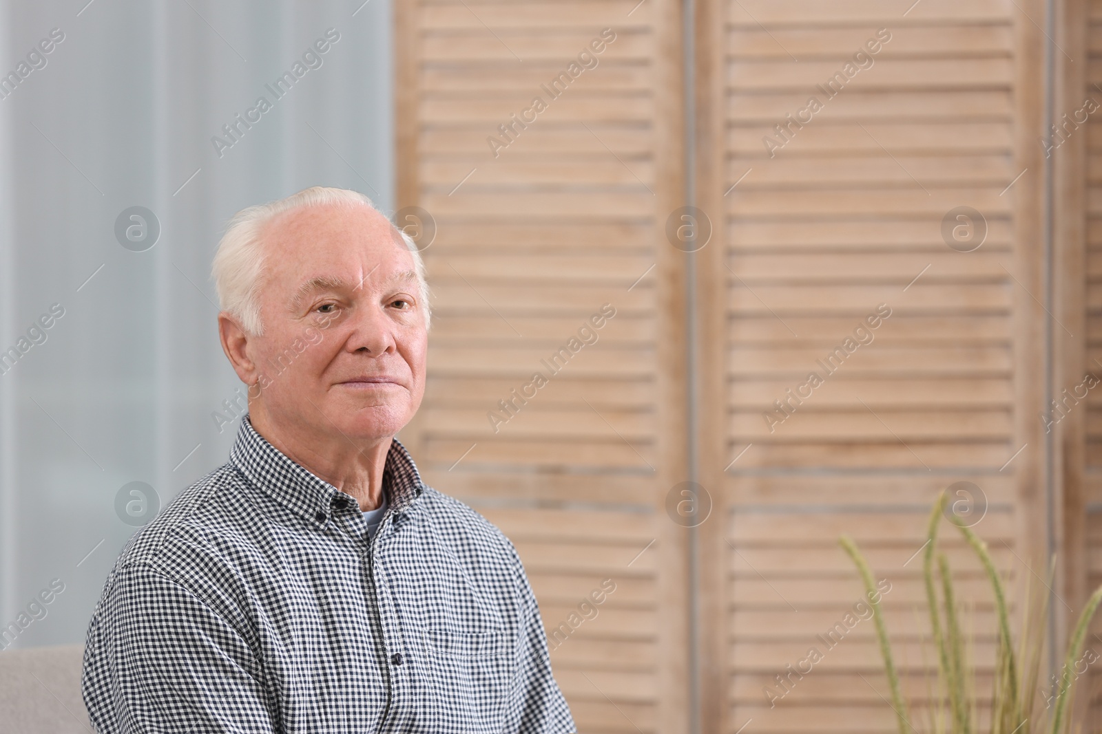 Photo of Portrait of elderly man at home. Space for text