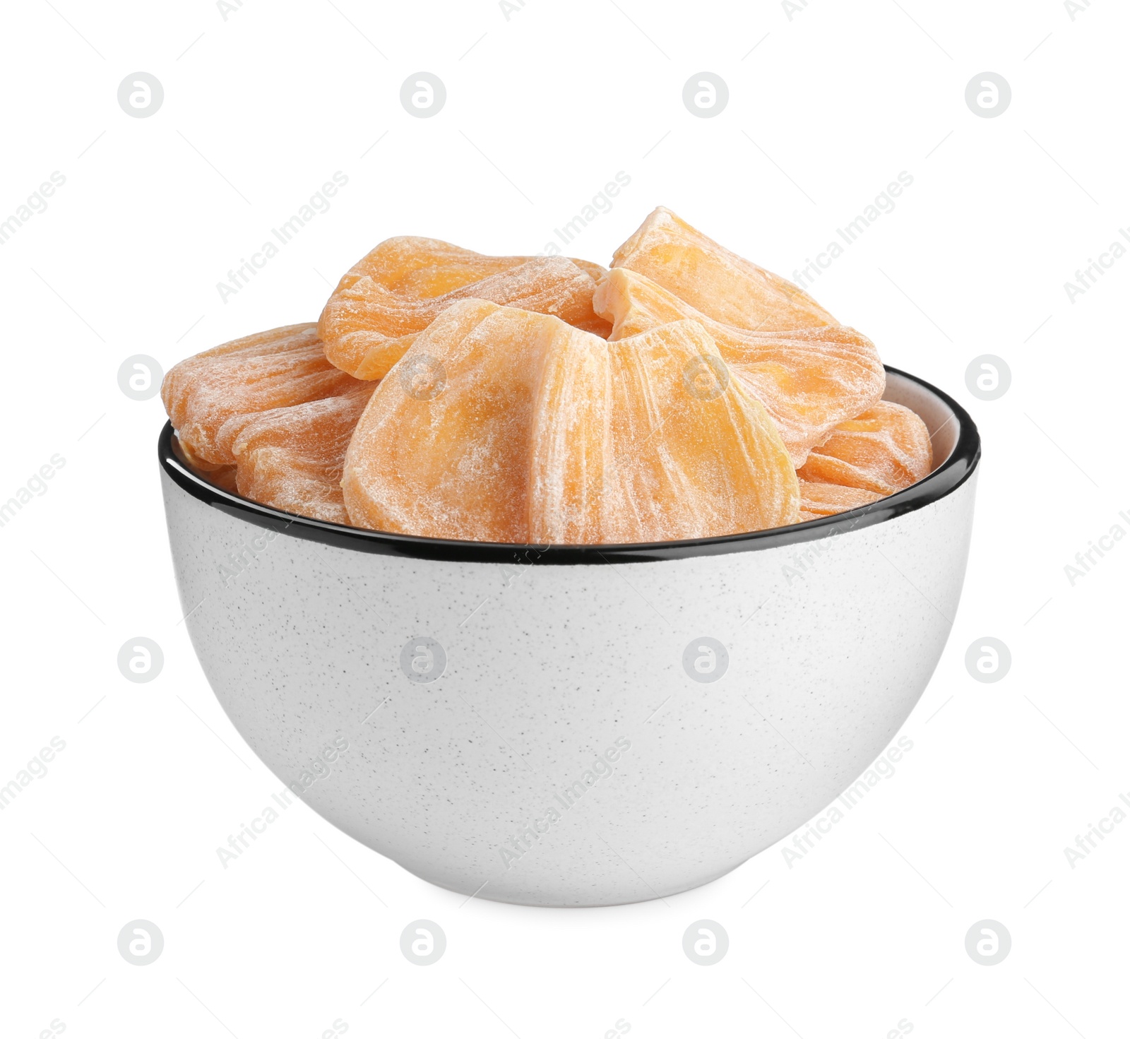 Photo of Delicious dried jackfruit slices in bowl isolated on white