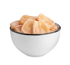 Delicious dried jackfruit slices in bowl isolated on white