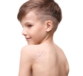 Boy with sun protection cream on his back against white background
