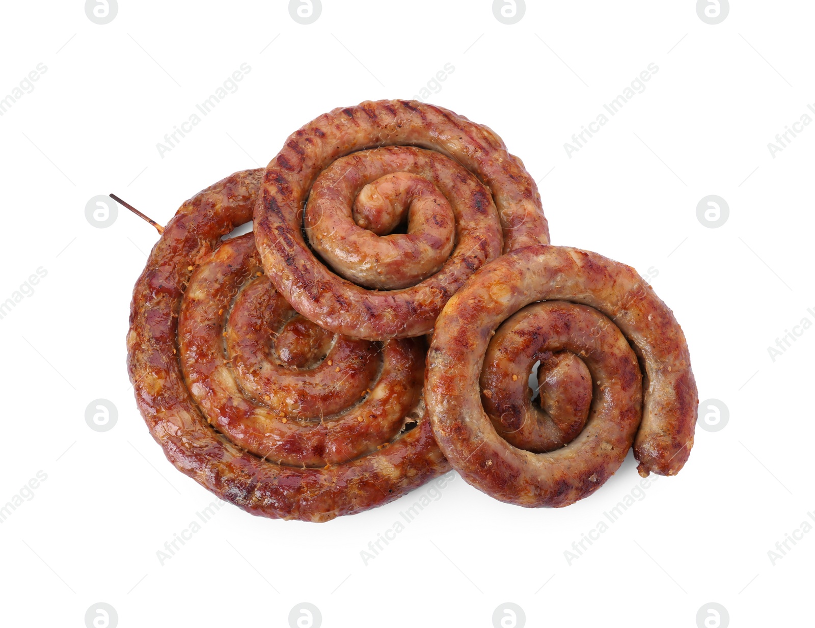 Photo of Rings of delicious homemade sausage isolated on white, top view