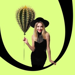 Image of Stylish artwork. Woman in hat holding cactus as balloon on yellow green background