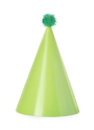 One green party hat with pompom isolated on white