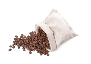Photo of Sack and roasted coffee beans on white background, top view