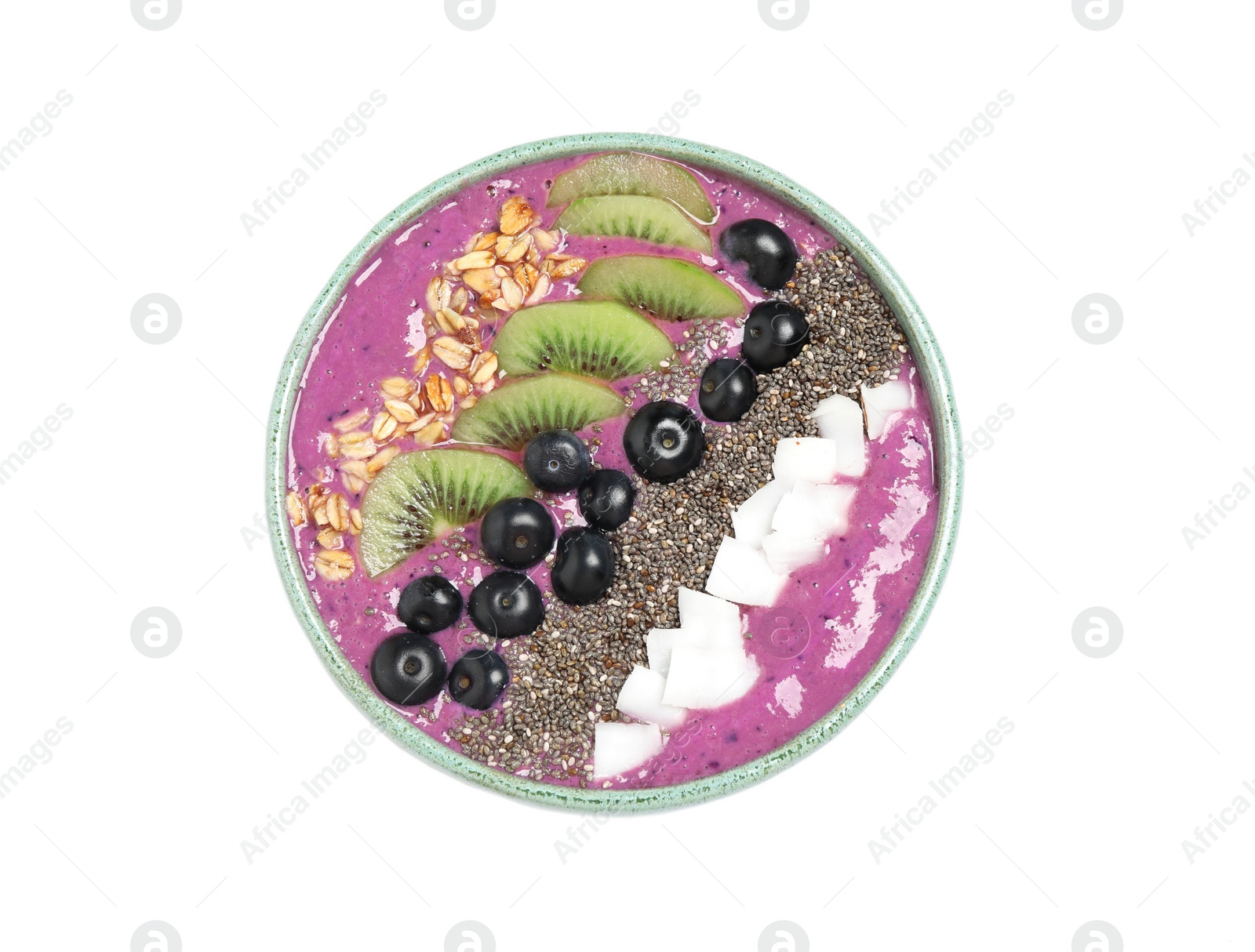 Photo of Healthy breakfast with delicious acai smoothie and fruits in bowl isolated on white, top view