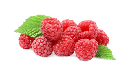 Photo of Many fresh ripe raspberries and green leaves isolated on white