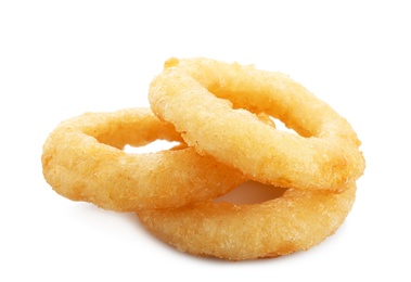 Photo of Freshly cooked onion rings on white background