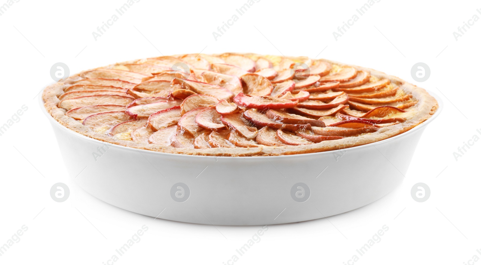 Photo of Tasty apple pie in baking dish isolated on white